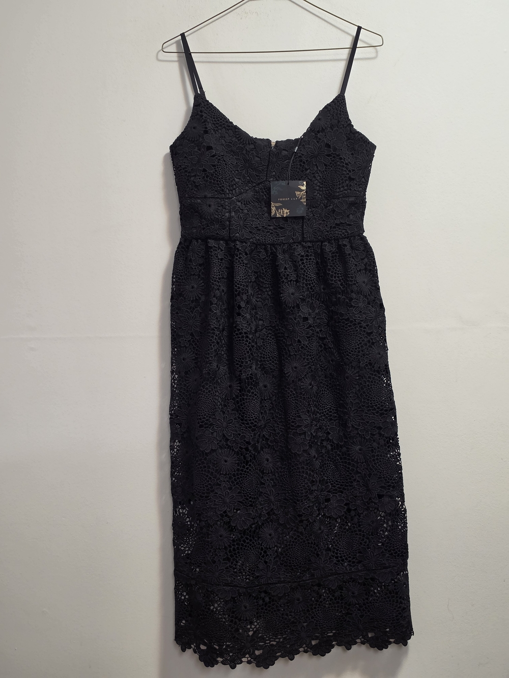 Forest Lily Black Floral Lace Midi Dress with Spaghetti Straps